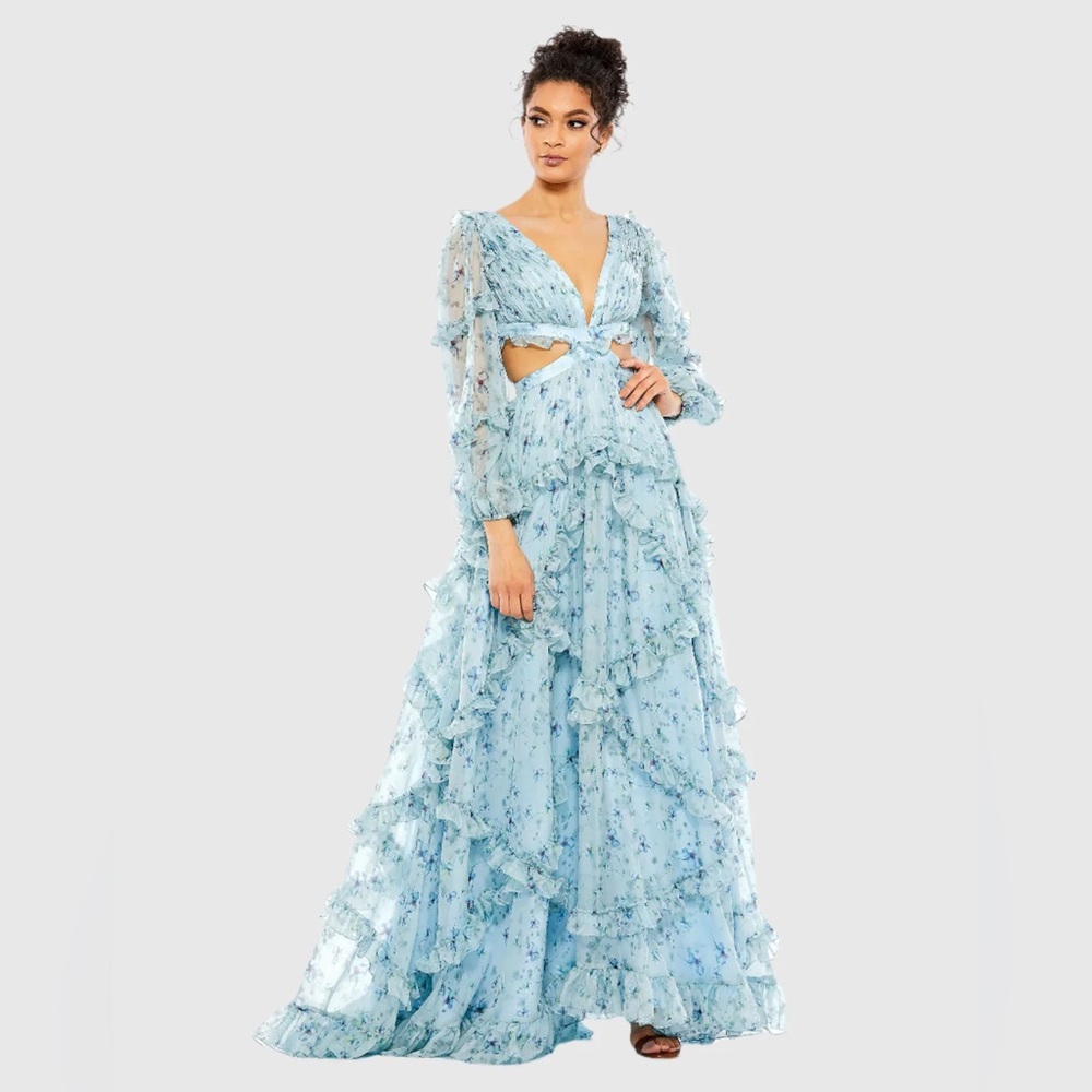 MAC DUGGAL Ruffle Tiered Floral Cutout Long Sleeve Gown